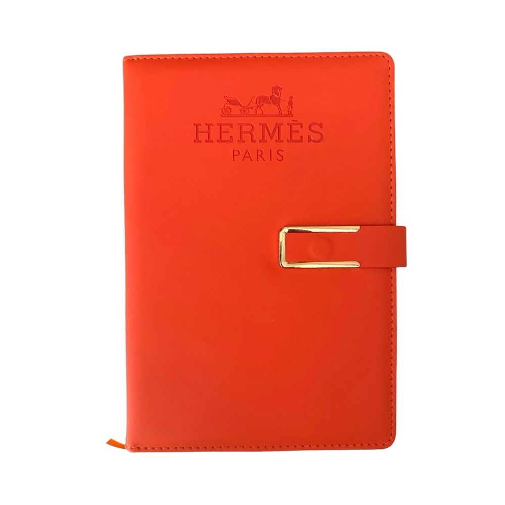 HERMES Orange Leather Notebook & Pen